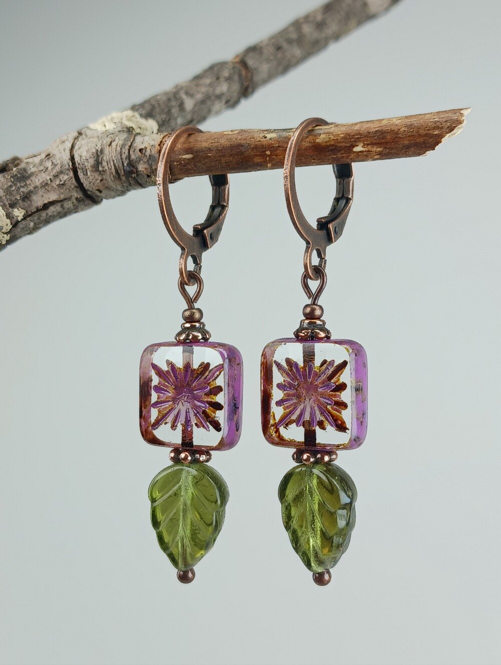 HAND CRAFTED Cottagecore Floral Czech Glass Leaf Earrings Purple Green Boho